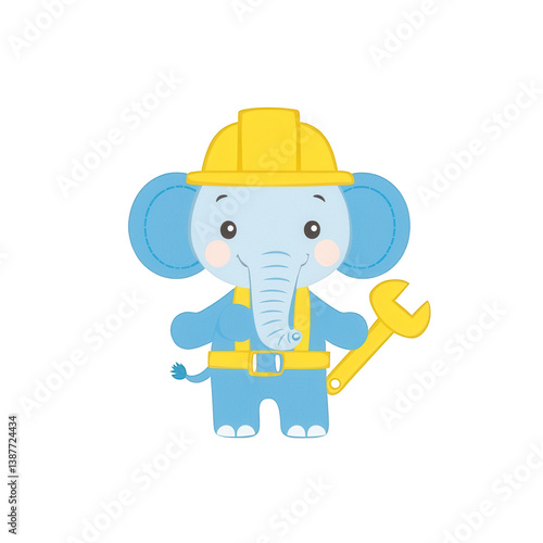 Cute cartoon elephant wearing a hard hat, holding a wrench, perfect for kids' construction themes or educational materials.