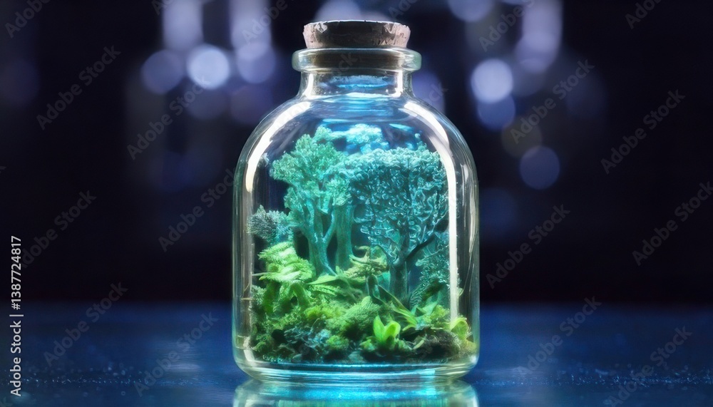 Miniature forest inside glass bottle shows nature preservation concept Miniature forest inside glass bottle shows nature preservation concept