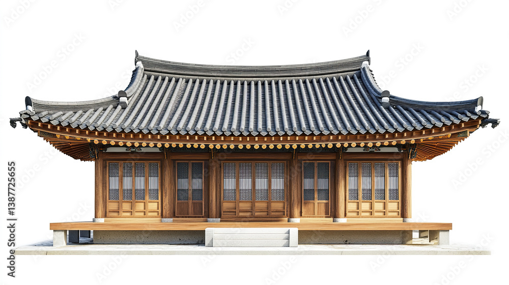 Traditional Korean house with wooden architecture on white background Traditional Korean house with wooden architecture on white background