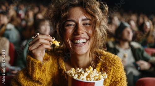Obraz na płótnie A joyful woman with curly hair laughs while holding popcorn in a cinema. The atmosphere is lively, with people surrounding her, radiating happiness and fun during the movie. w salonie
