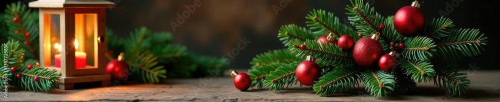 Spruce branch arrangement in a wooden lantern with red balls, arrangement, spruce, red Spruce branch arrangement in a wooden lantern with red balls, arrangement, spruce, red
