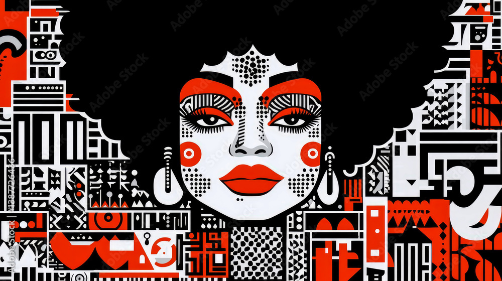 Obraz premium Afro Pop Art Face Portrait with Bold Geometric Patterns for Print