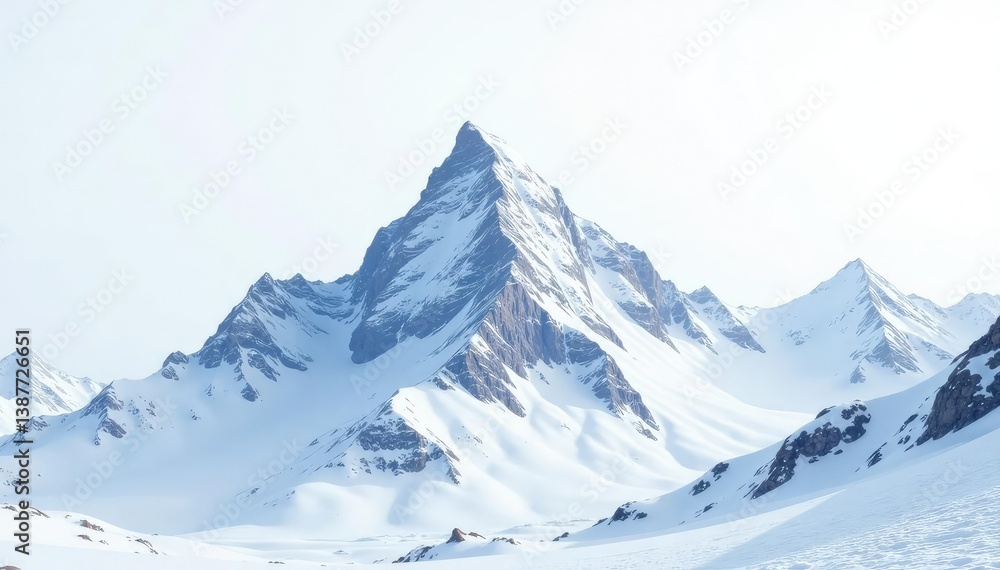 Fototapeta premium Snow-covered mountain peak, pristine white background, peaceful, adventure