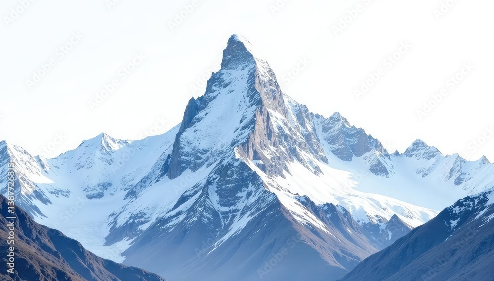 Obraz premium Snow-covered mountain peak, stark white against bright white sky, scene, range, environment