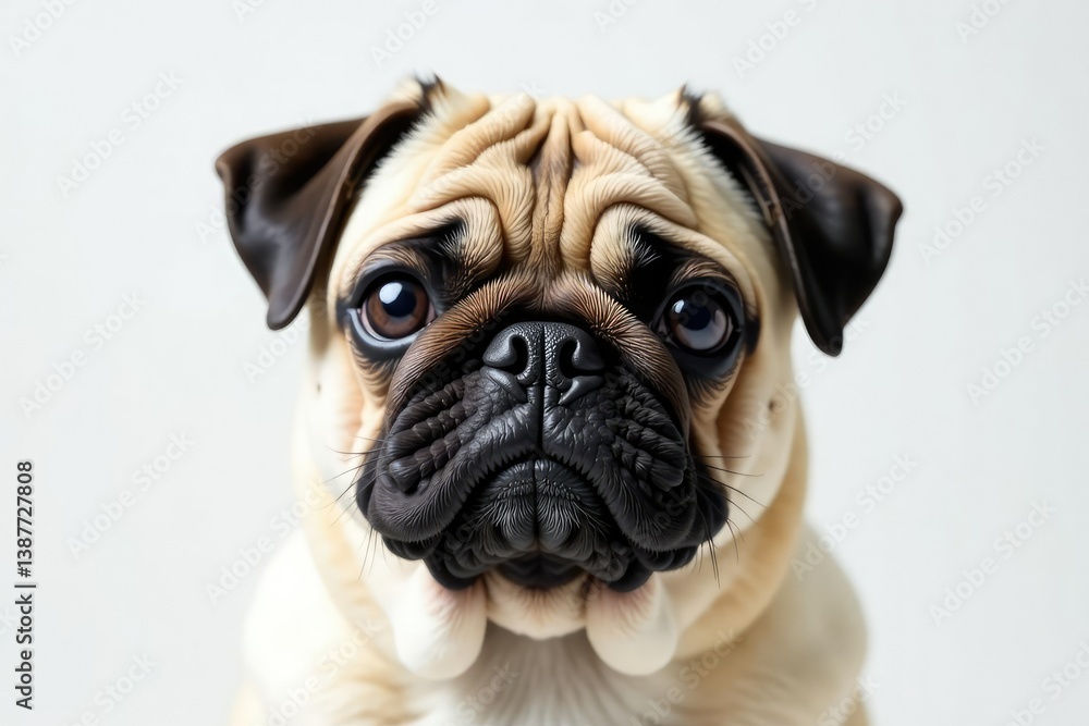 Solo pug in a clean white backdrop, showcasing its wrinkles and charm, expression, canine Solo pug in a clean white backdrop, showcasing its wrinkles and charm, expression, canine