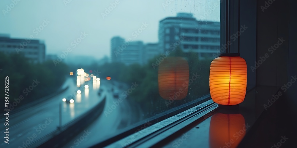 Obraz premium Rainy City Window Lantern