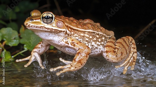 Leap of joy as a frog takes flight into a shimmering pond surrounded by lush greenery and vibrant nature