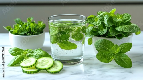 Refreshing sparkling water with cucumber and mint on a marble table in a cozy kitchen setting