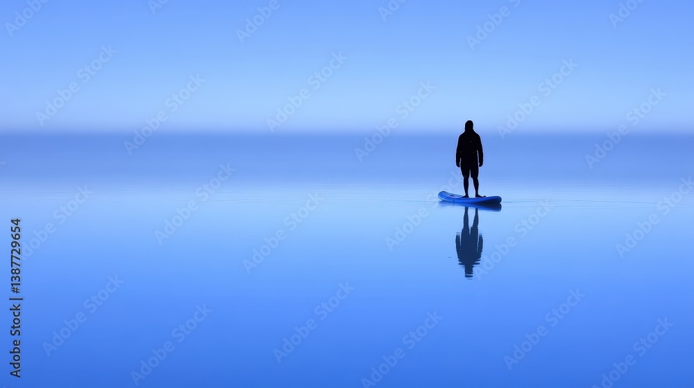 Fototapeta premium Paddleboard floats serenely on tranquil water reflecting endless blue skies