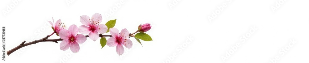 Single branch with flowers and leaves isolated on white background, flowering branch, minimalist Single branch with flowers and leaves isolated on white background, flowering branch, minimalist
