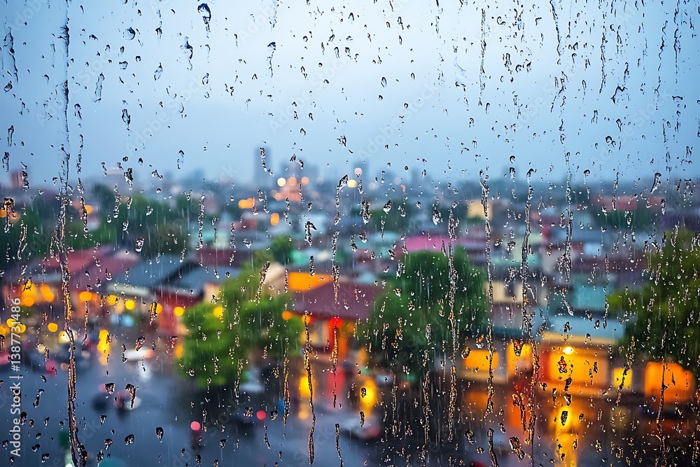 Obraz premium Rainy Cityscape View from Window