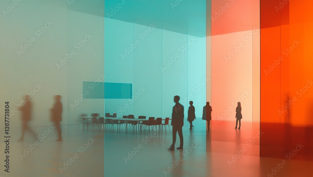 Fototapeta premium Silhouetted figures in a modern art gallery, bathed in vibrant teal and orange light. A minimalist aesthetic.