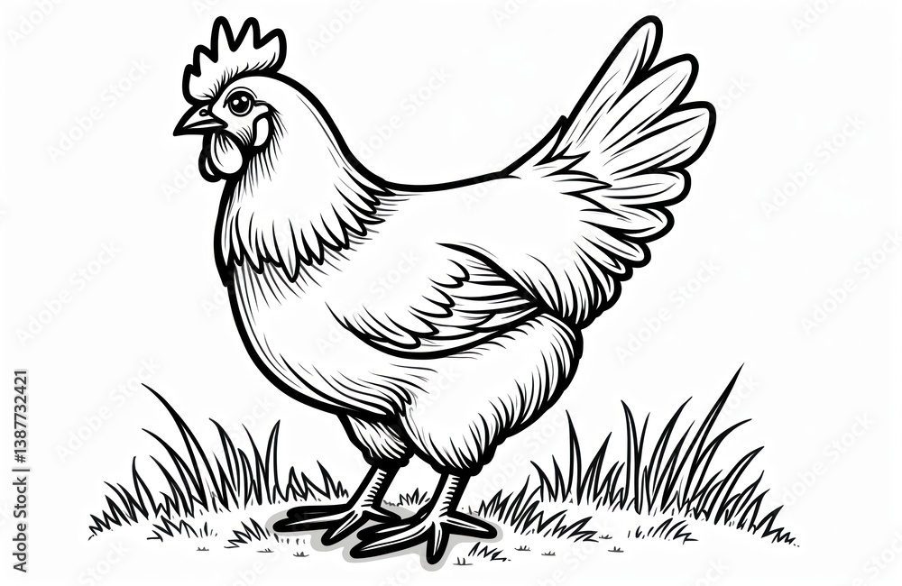 Fototapeta premium Line art illustration of chicken. Black and white drawing of bird. Chicken stands in grass. Detailed outline perfect coloring page for kids. Poultry farm animal. Drawing, cartoon isolated on white.