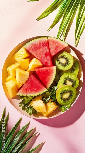 Vibrant fruit platter in hyperrealistic quality on pink background