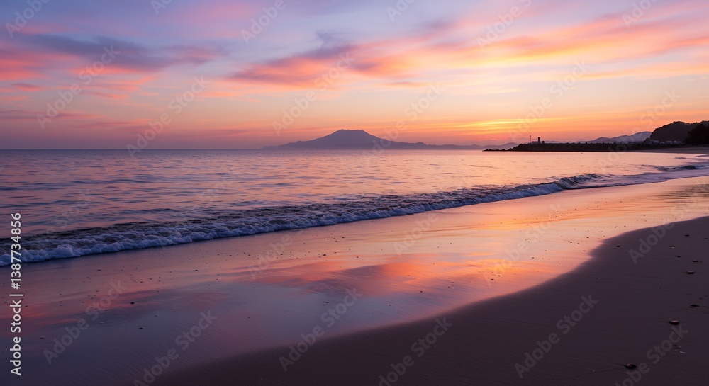 Beach at Sunset with Colorful Sky and Mountain Silhouette in Background Beach at Sunset with Colorful Sky and Mountain Silhouette in Background