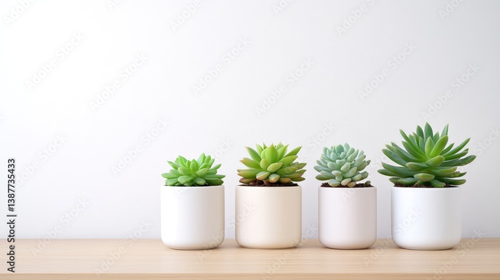 Obraz premium Four succulents in white pots sit on a light wood surface against a white wall. The image is well-lit, showcasing the plants vibrant green hues. A minimalist aesthetic is present. The calm colors cr