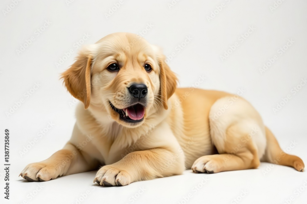 Golden Retriever puppy lies down, white backdrop, golden retriever, background