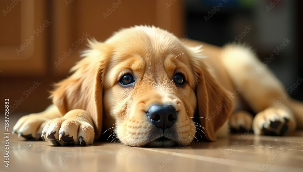 Golden retriever puppy lies down, head tilted , dog, isolated Golden retriever puppy lies down, head tilted , dog, isolated