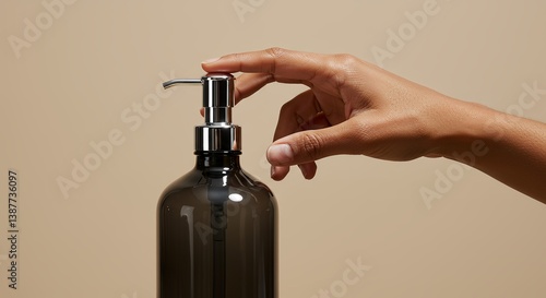 Hand Pressing a Pump Bottle: Minimalist Design for Skincare and Hygiene Products.