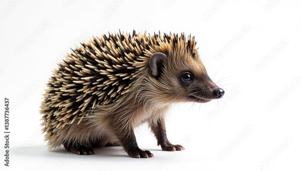 Fototapeta premium Hedgehog standing, facing right, pure white background, image, background, spines
