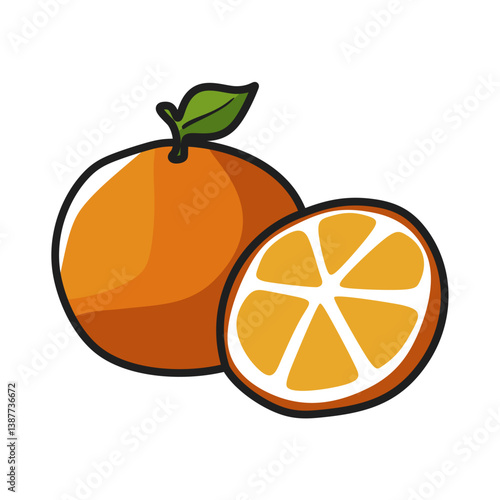 cartoon orange split nicely in front right intact with leaves