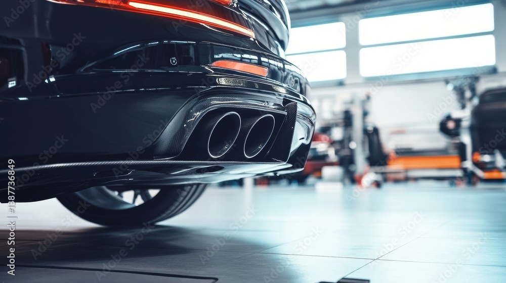Naklejka premium Close-up of performance car exhaust system with dual racing-grade mufflers in a modern vehicle. Concept of speed, automotive power, engine tuning, modification, and high-performance engineering