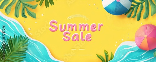 Paper cut-style summer sale banner with beach ball, palm leaves, and sea waves on a yellow background. Top view with large text 