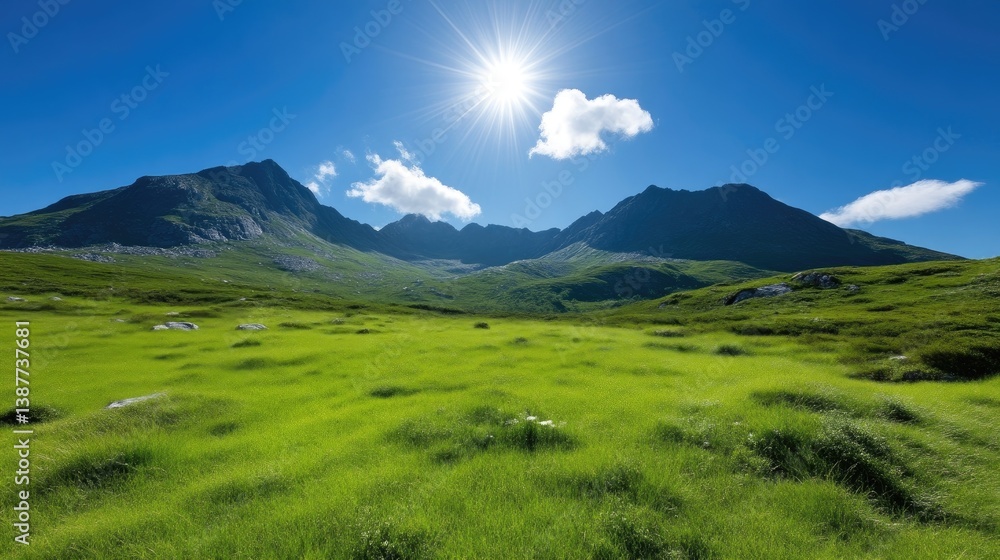 Lush green meadow stretches beneath towering mountains under a vibrant blue sky Lush green meadow stretches beneath towering mountains under a vibrant blue sky