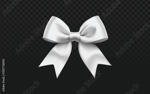 Elegant, realistic shiny white satin bow isolated on a transparent dark checkered background. Perfect for adding a touch of sophistication and celebration.