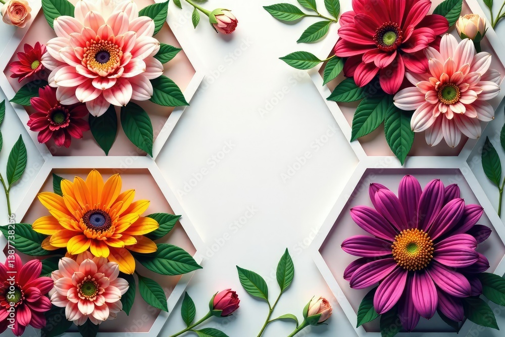 Intricate floral bouquets within hexagons, vibrant hues, polygon, botanical Intricate floral bouquets within hexagons, vibrant hues, polygon, botanical