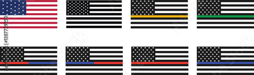 Collection of US Flags with Support Stripes. American Thin Line Flags.