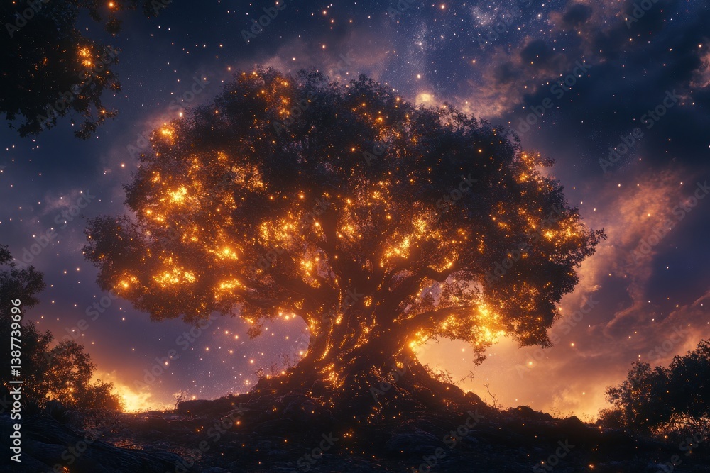 Fototapeta premium A luminous tree illuminates the night sky amidst a starry scene