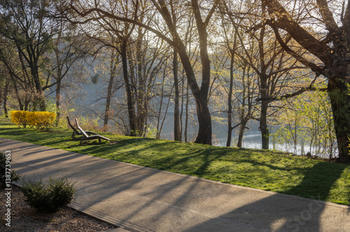 spring landscape with wooden sun loungers and walking path in the sunlight