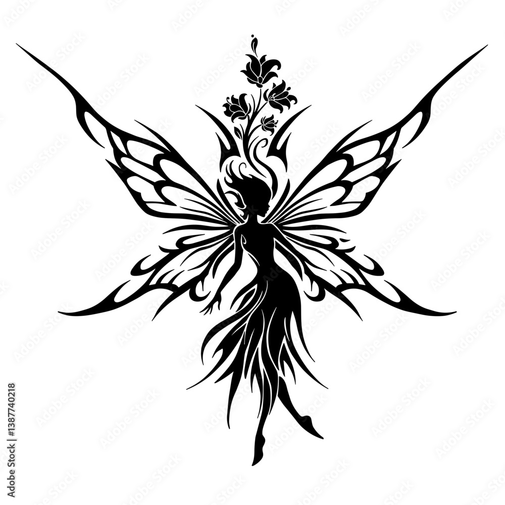 Fototapeta premium Elegant fairy silhouette with floral designs in black and white