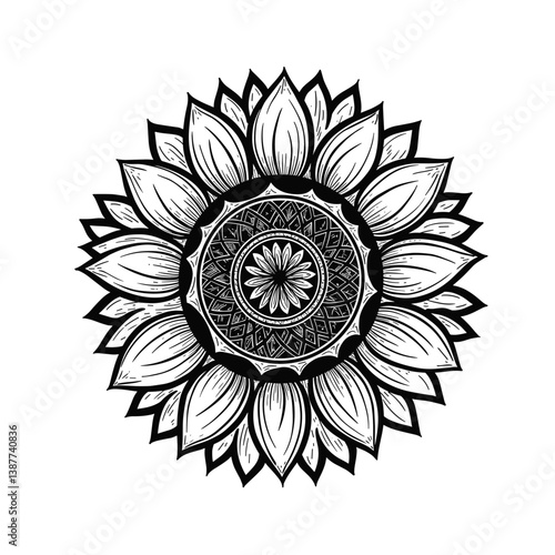 Black and white sunflower mandala design with intricate patterns  