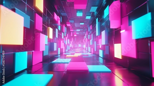 Fototapeta Naklejka Na Ścianę i Meble -  Neon Passage: A vibrant display of illuminated rectangular structures in an interior, offering a view through a perspective of futuristic and technological.