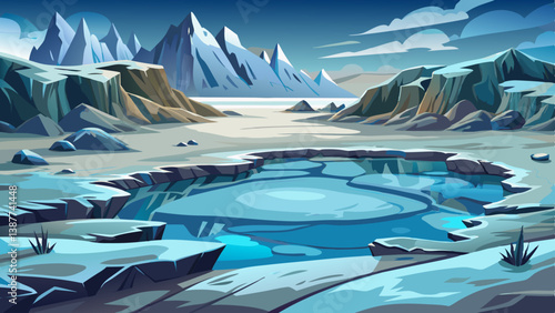 Frozen Lake with Methane Bubbles and Snowy Mountain Landscape Scenery cartoon