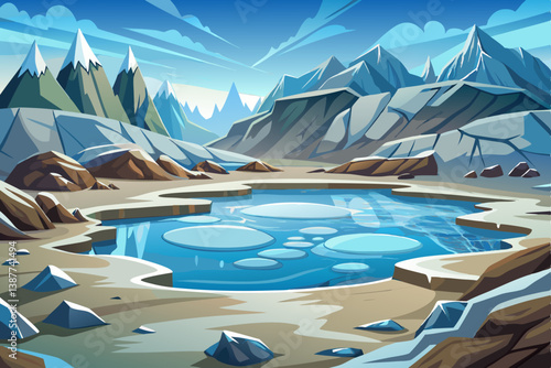 Frozen Lake with Methane Bubbles and Snowy Mountain Landscape Scenery cartoon