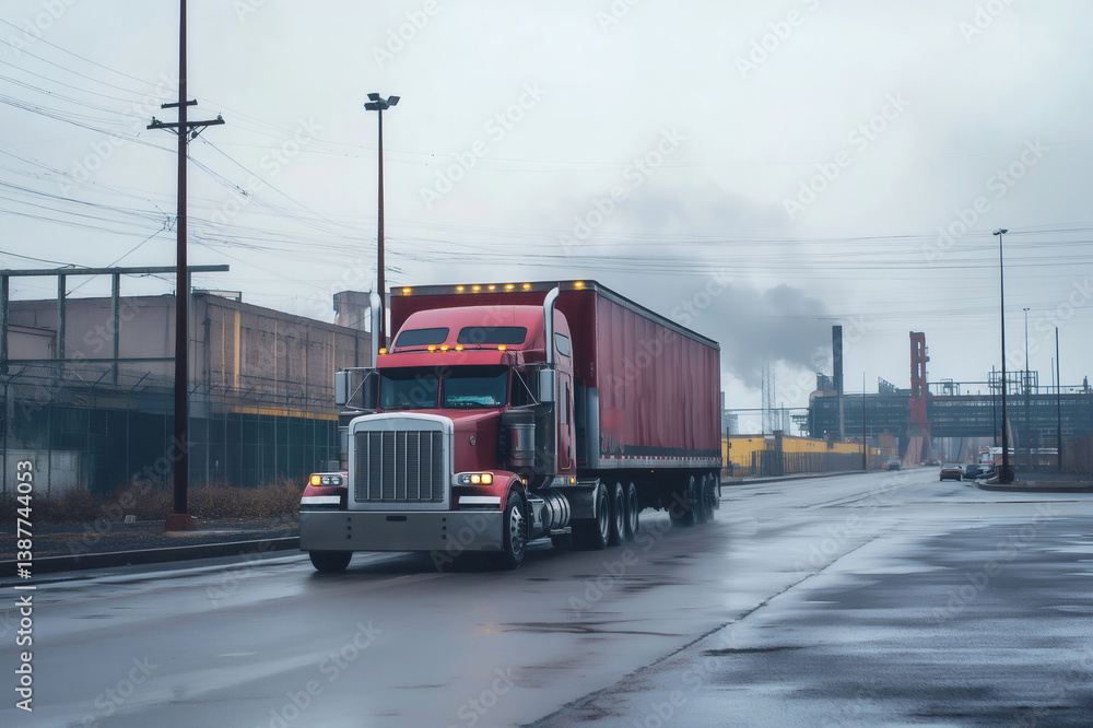 Red semi truck driving on a wet road near an industrial area with smoke coming from a chimney in the background Red semi truck driving on a wet road near an industrial area with smoke coming from a chimney in the background