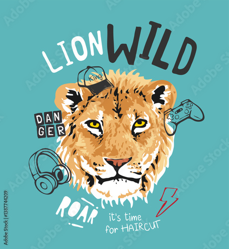 typography slogan with cartoon lion and icons vector illustration for fashion print