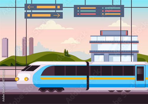 Railway train station with train cartoon style illustration
