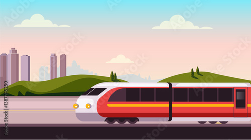 Railway train station with train cartoon style illustration