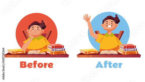 Boring and happy school children in classroom. Before and after education cartoon illustration