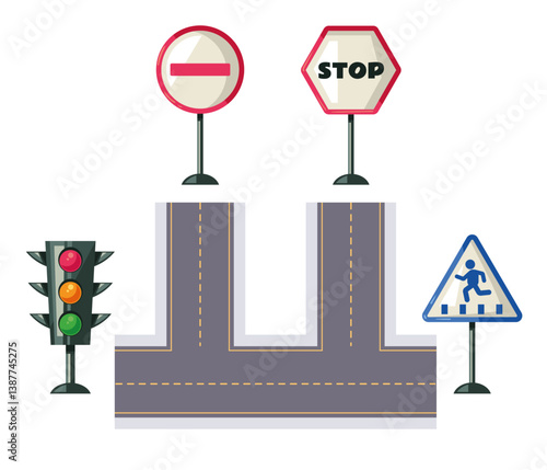 Road junction with road signs and traffic light design element