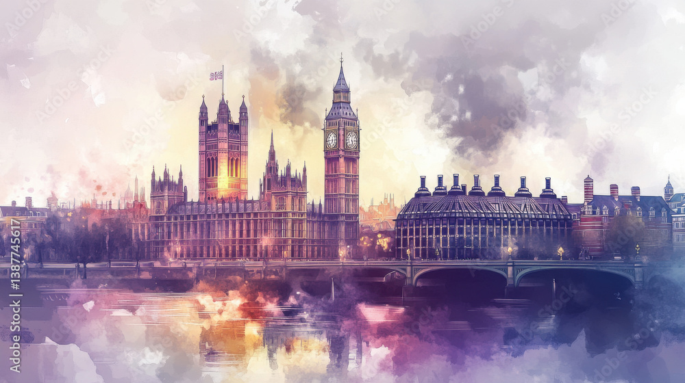 Naklejka premium Iconic Silhouette of Westminster: The imposing silhouette of the Palace of Westminster and Big Ben stands majestically against the sky.
