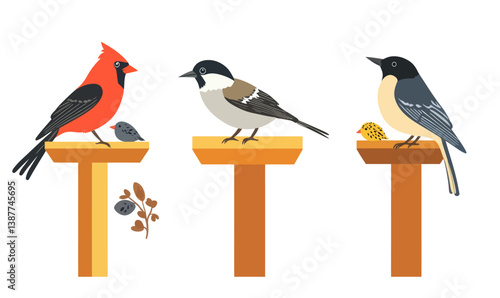 Winter Birds Feeding at Wooden Feeders Vector Illustration with Modern North American Elements