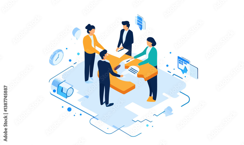 Isometric Illustration of Business Merger and Teamwork in Dynamic Environment Isometric Illustration of Business Merger and Teamwork in Dynamic Environment