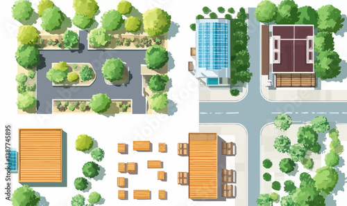 Minimalist Cityscape Vector with Roads, Houses, Trees, and Wooden Furniture Illustrations