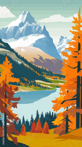Gran Paradiso National Park Autumn Scene in Graian Alps, Art Deco WPA Style Poster