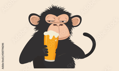 Playful Cartoon Baboon Holding Cold Beer in Minimalist Flat Vector Style
